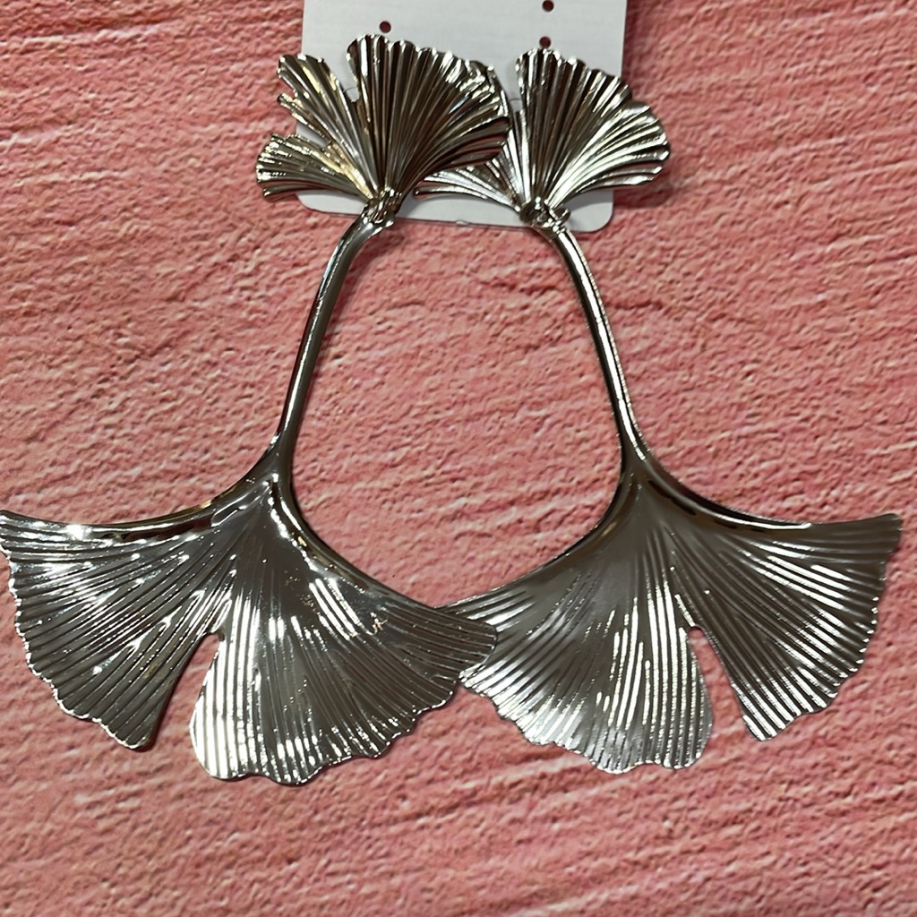 Silver Long Ginkgo Dangle Earrings